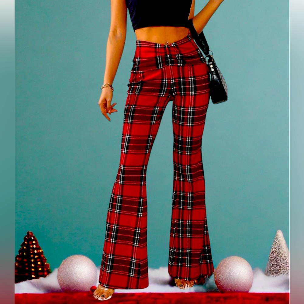 Plaid Flare Pants - Red